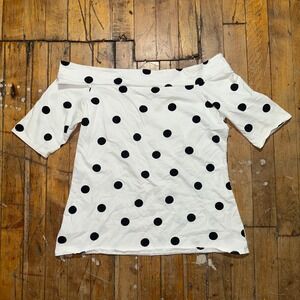 LOFT Blouse Top Women's M White Black Polka Dots Short Sleeve Off the Shoulder